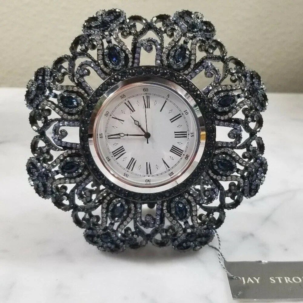 RARE JAY STRONGWATER TIARA CROWN CLAIR DE LUNE CRYSTAL ENAMEL DESK MANTLE CLOCK